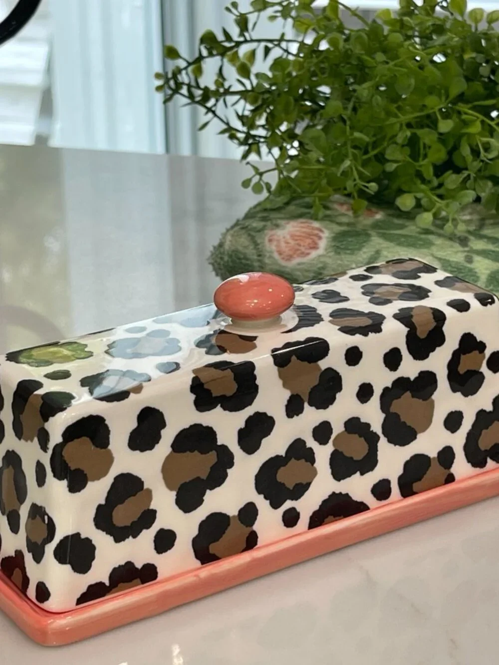 Anthropologie Chintzware Leopard Butter Dish Coral Pink-NEW